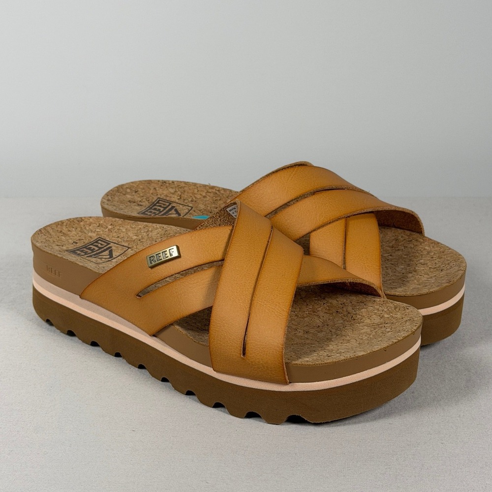 NEW Reef Womens 5 Cushion Bloom Hi Tan Vegan Leather Cork Platform Sandals